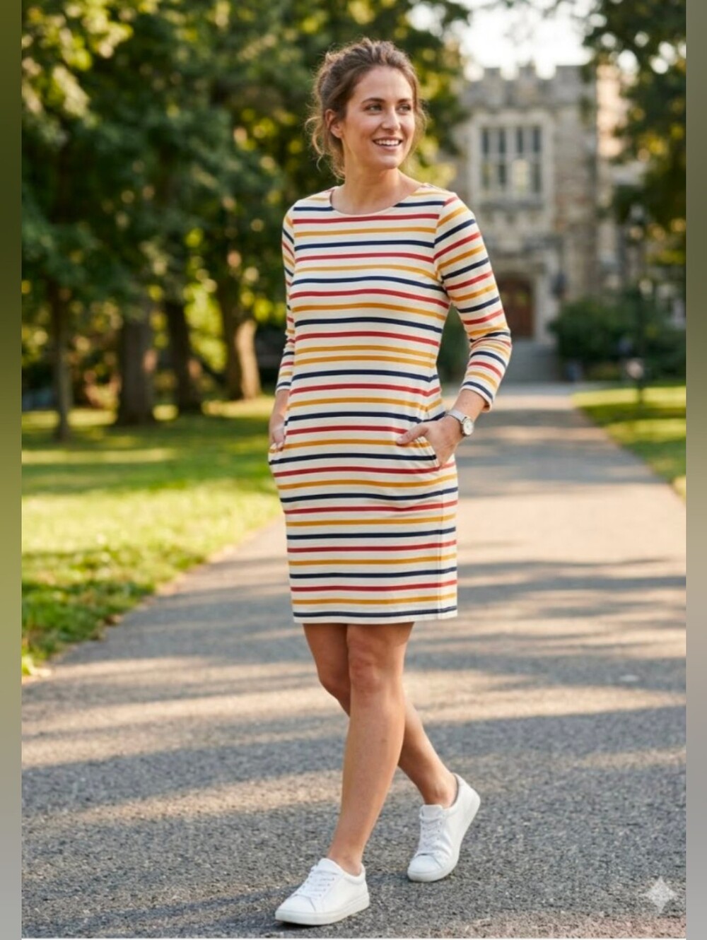 NWOT! Old Navy Multi Stripe Knit Long Sleeve Shift Dress Size S 100% Cotton